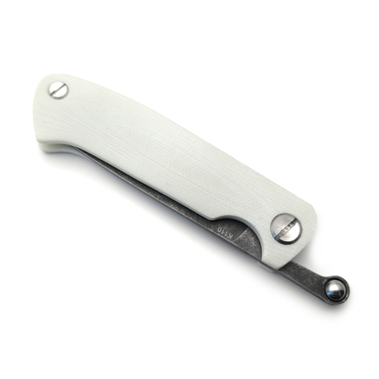 Saro нож складной фрикционный Микрос сталь K110 блэквош, рукоять G10 white