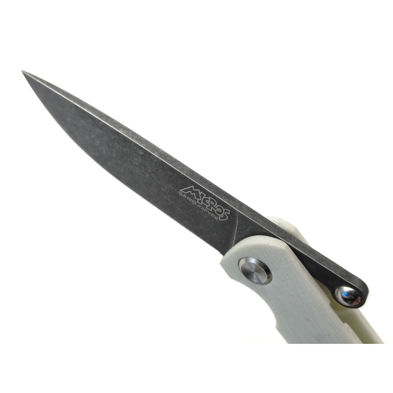 Saro нож складной фрикционный Микрос сталь K110 блэквош, рукоять G10 white