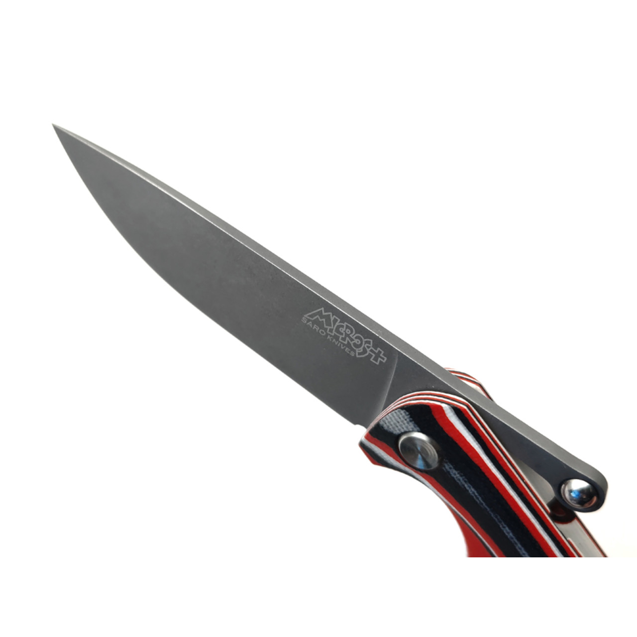 Saro нож складной фрикционный Микрос+ сталь K110 стоунвош, рукоять G10 red-white & black