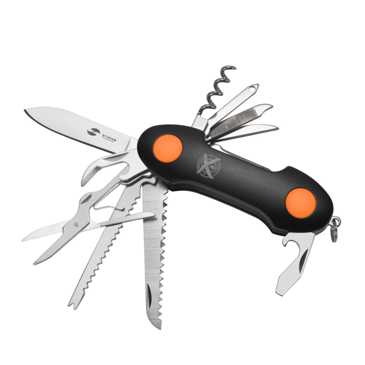 Stinger нож многофункциональный FK-KF5011LG3B (15 функций) сталь 420, рукоять PP black & orange, блистер