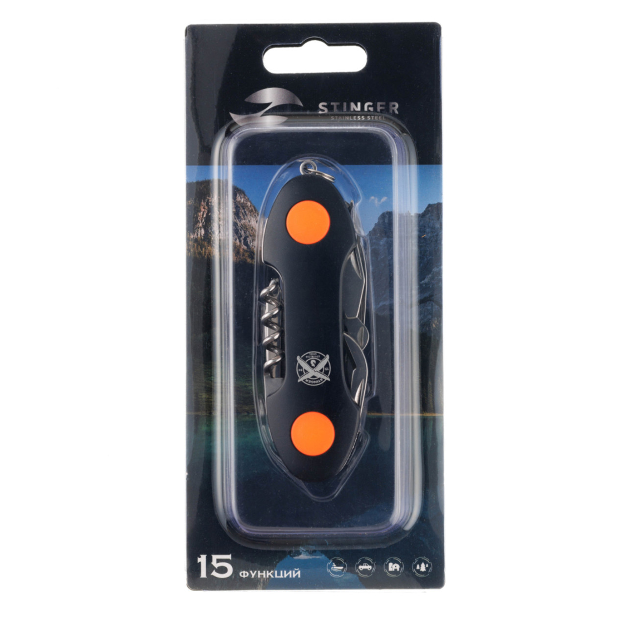 Stinger нож многофункциональный FK-KF5011LG3B (15 функций) сталь 420, рукоять PP black & orange, блистер
