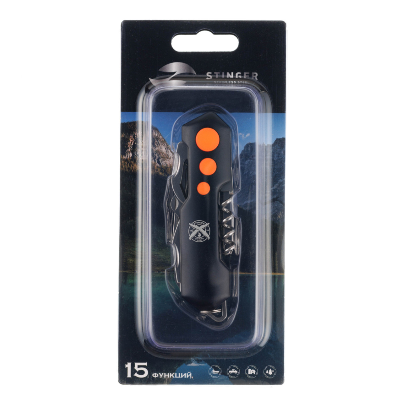 Stinger нож многофункциональный FK-KO5011LG3B (15 функций) сталь 420, рукоять PP black & orange, блистер