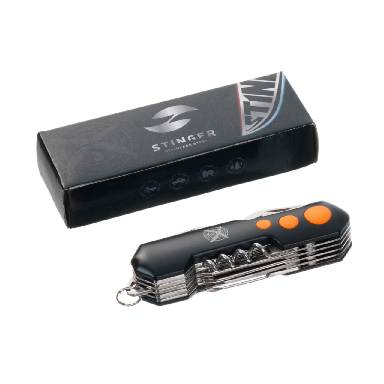 Stinger нож многофункциональный FK-KO5011LG3 (15 функций) сталь 420, рукоять PP black & orange