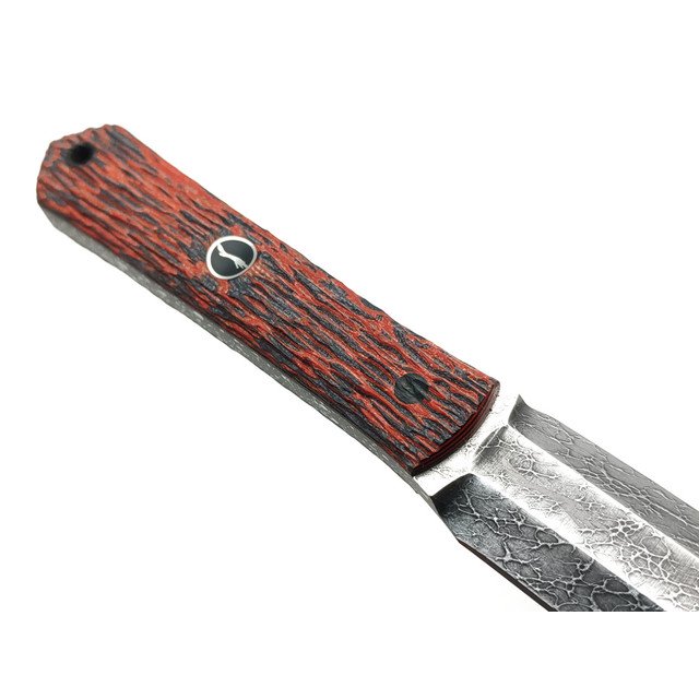 Волчий Век нож Кинжалоид Custom сталь 95Х18 WA травление Дамаскаж, рукоять G10 black & red, пины карбон
