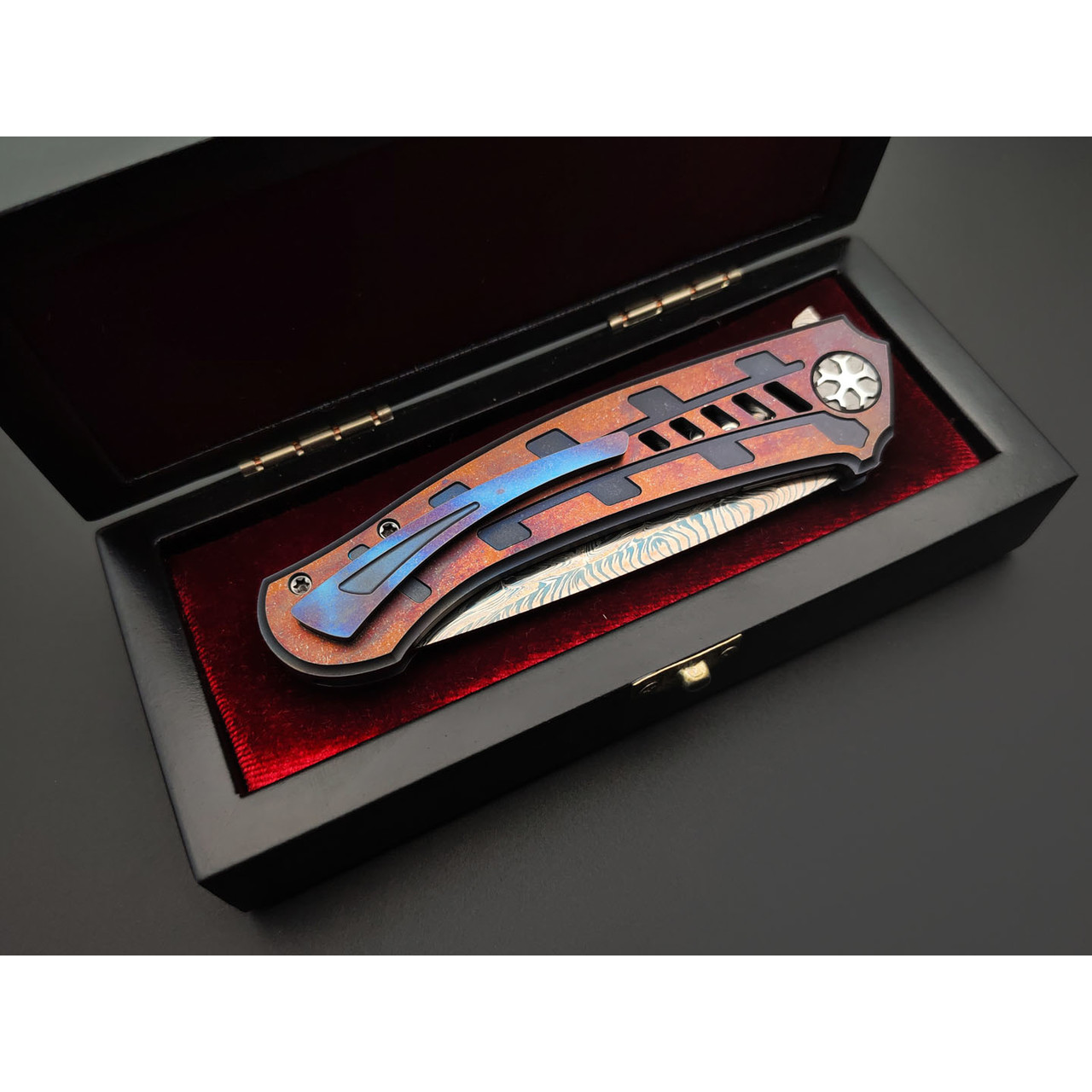 Влад Матвеев складной нож VM60 мозаичный дамаск, Титан Carbon fiber chaotic copper