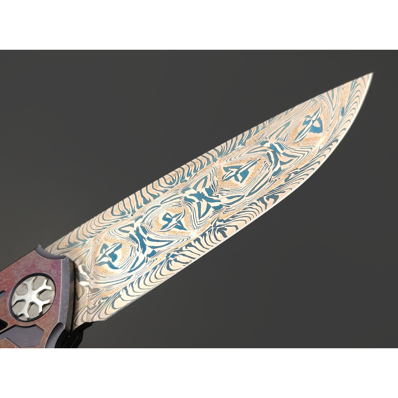 Влад Матвеев складной нож VM60 мозаичный дамаск, Титан Carbon fiber chaotic copper