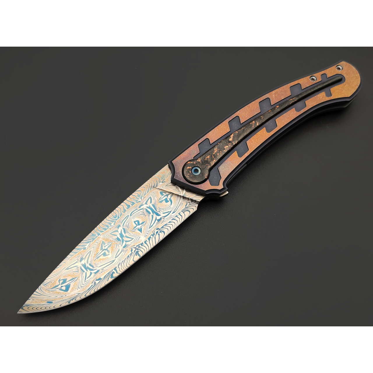 Влад Матвеев складной нож VM60 мозаичный дамаск, Титан Carbon fiber chaotic copper