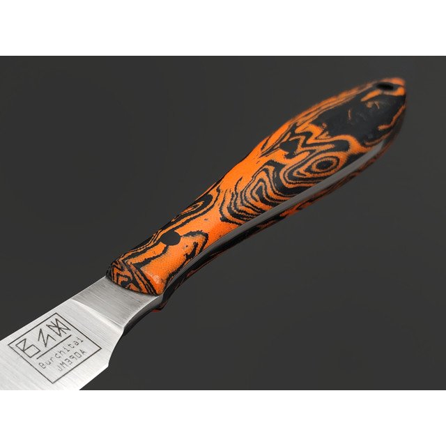 Zh Knives нож Designer сталь JM390A satin, рукоять Micarta chaotic black & orange, пины карбон