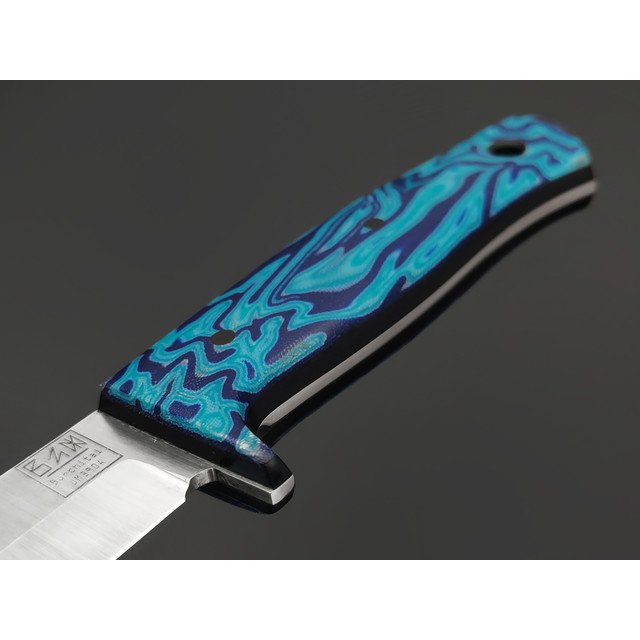 Zh Knives нож Disturbed сталь JM390A satin, рукоять Micarta chaotic blue & purple, G10 black, пины карбон