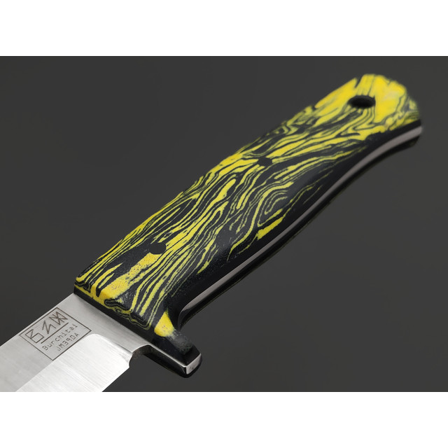 Zh Knives нож Disturbed сталь JM390A satin, рукоять Micarta chaotic black & yellow, G10 black, пины карбон, ножны orange