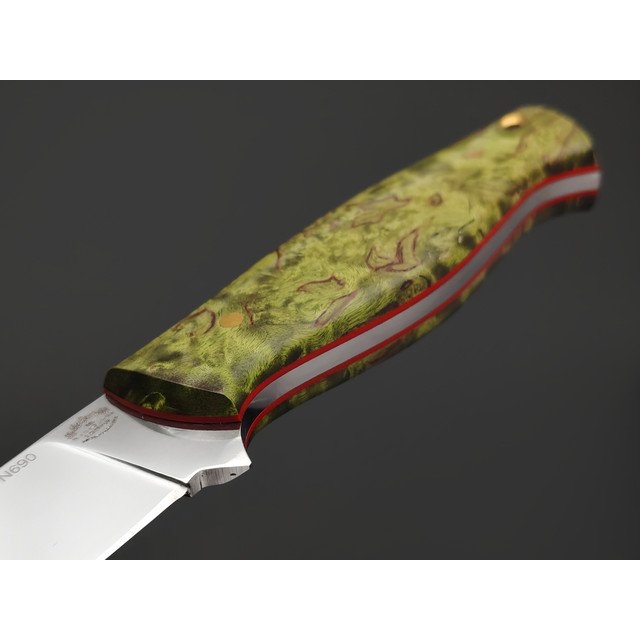 Товарищество Завьялова нож Волжский сталь N690, рукоять стаб. Карельская берёза зелёная, латунь, G10 red