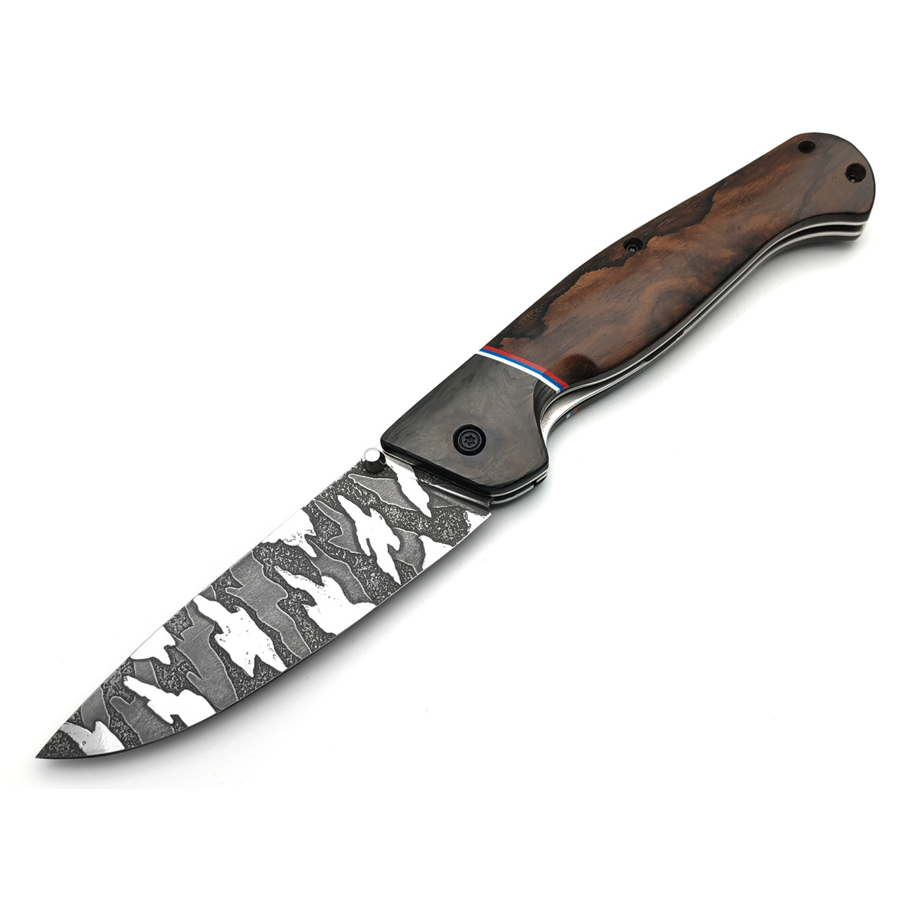 Товарищество Завьялова складной нож Бизон сталь CPR, рукоять Зирикот, carbon fiber, G10 red, blue & white