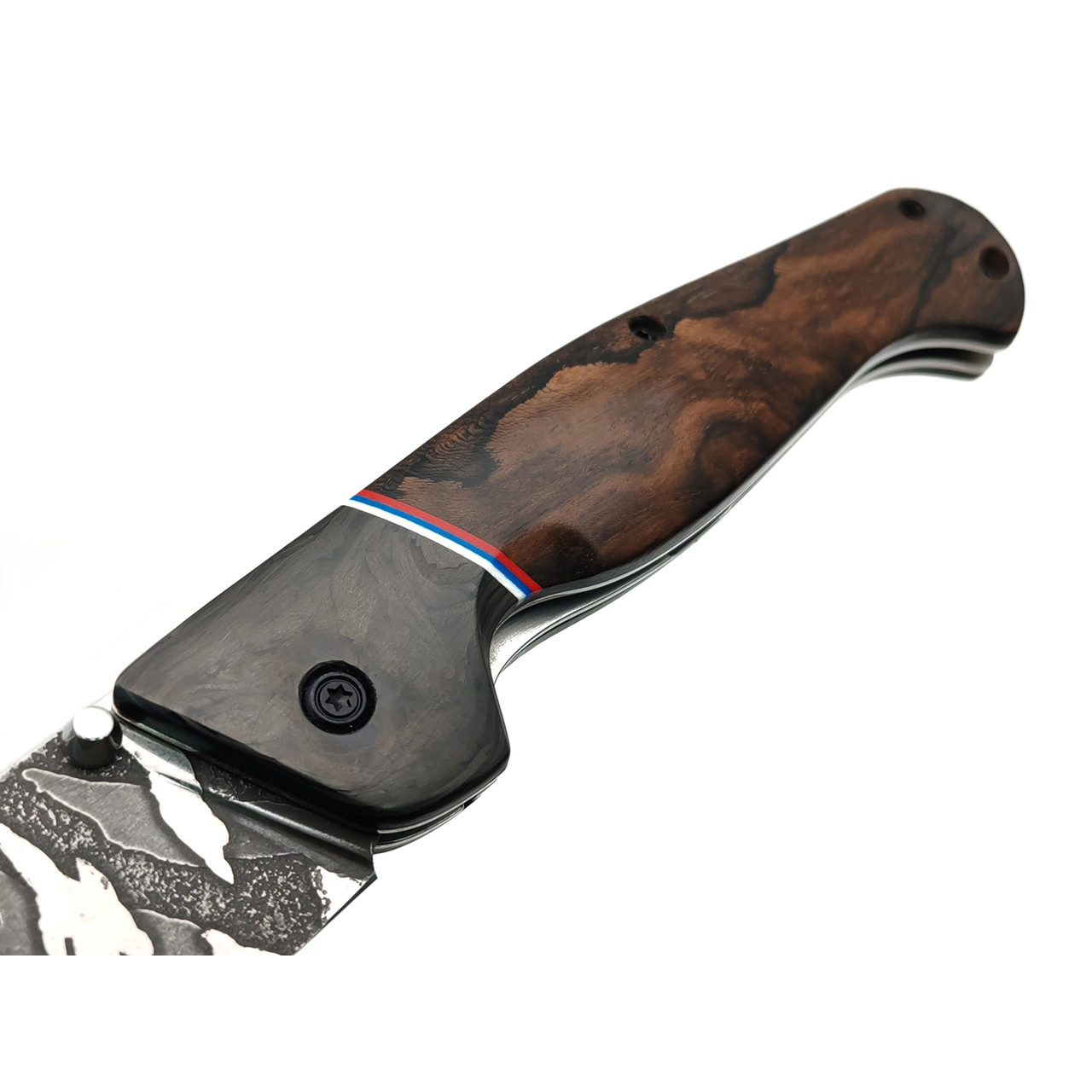 Товарищество Завьялова складной нож Бизон сталь CPR, рукоять Зирикот, carbon fiber, G10 red, blue & white
