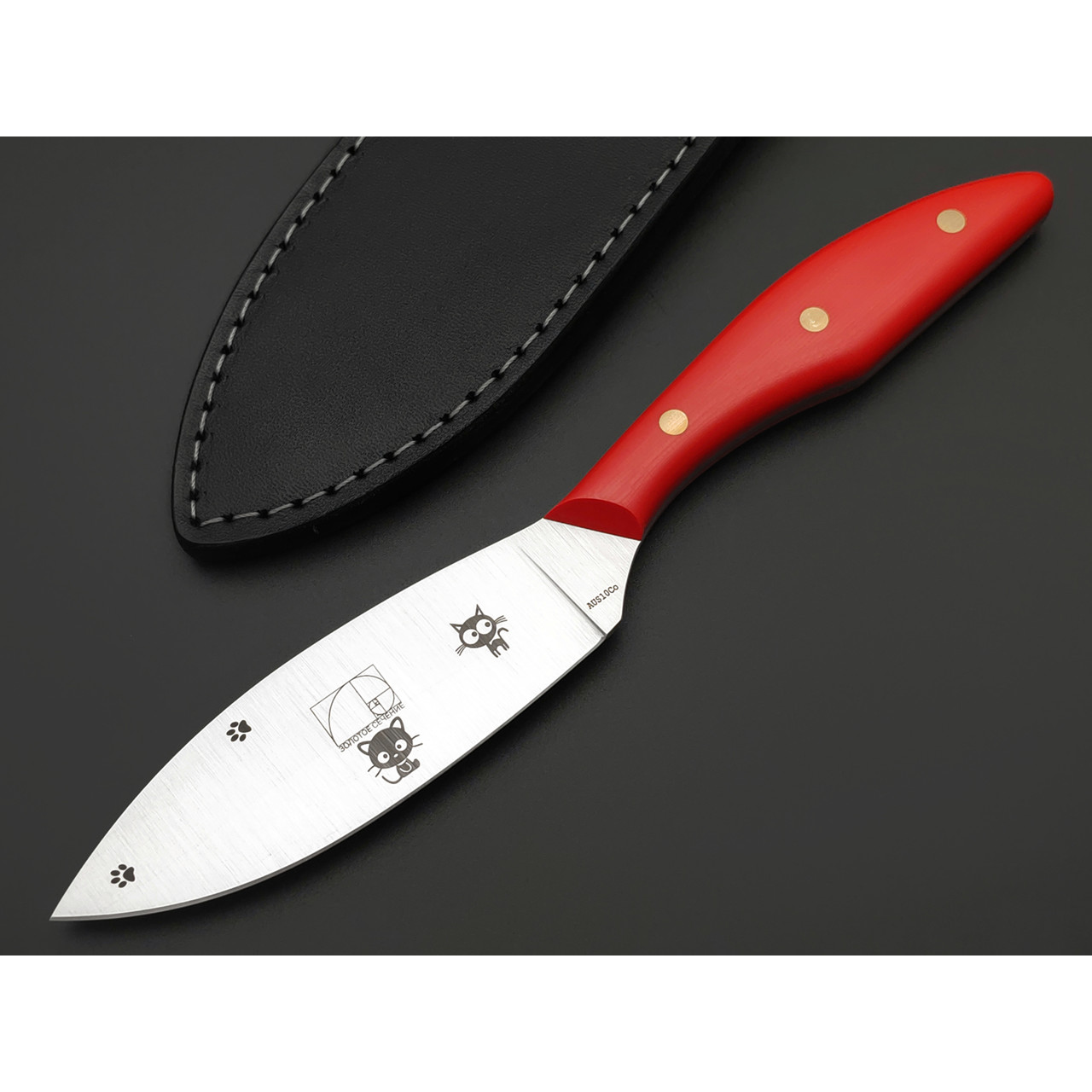Золотое Сечение нож Загадочная Лагерта - Котики, сталь Aus-10Co satin, рукоять G10 red, пины латунь