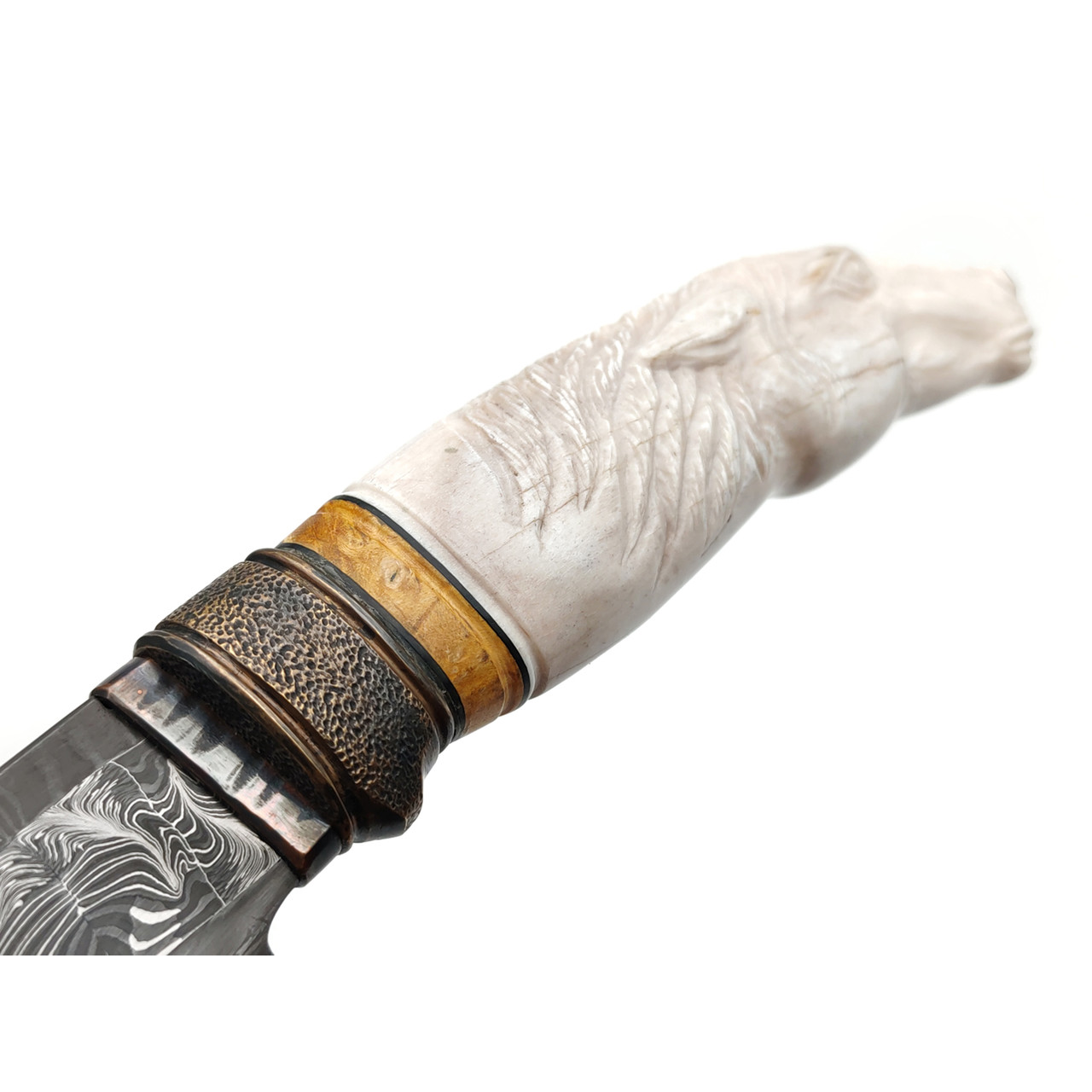 Олег Забела нож Конская Голова дамасская сталь, рукоять Рог лося с резьбой, карельская берёза, бронза