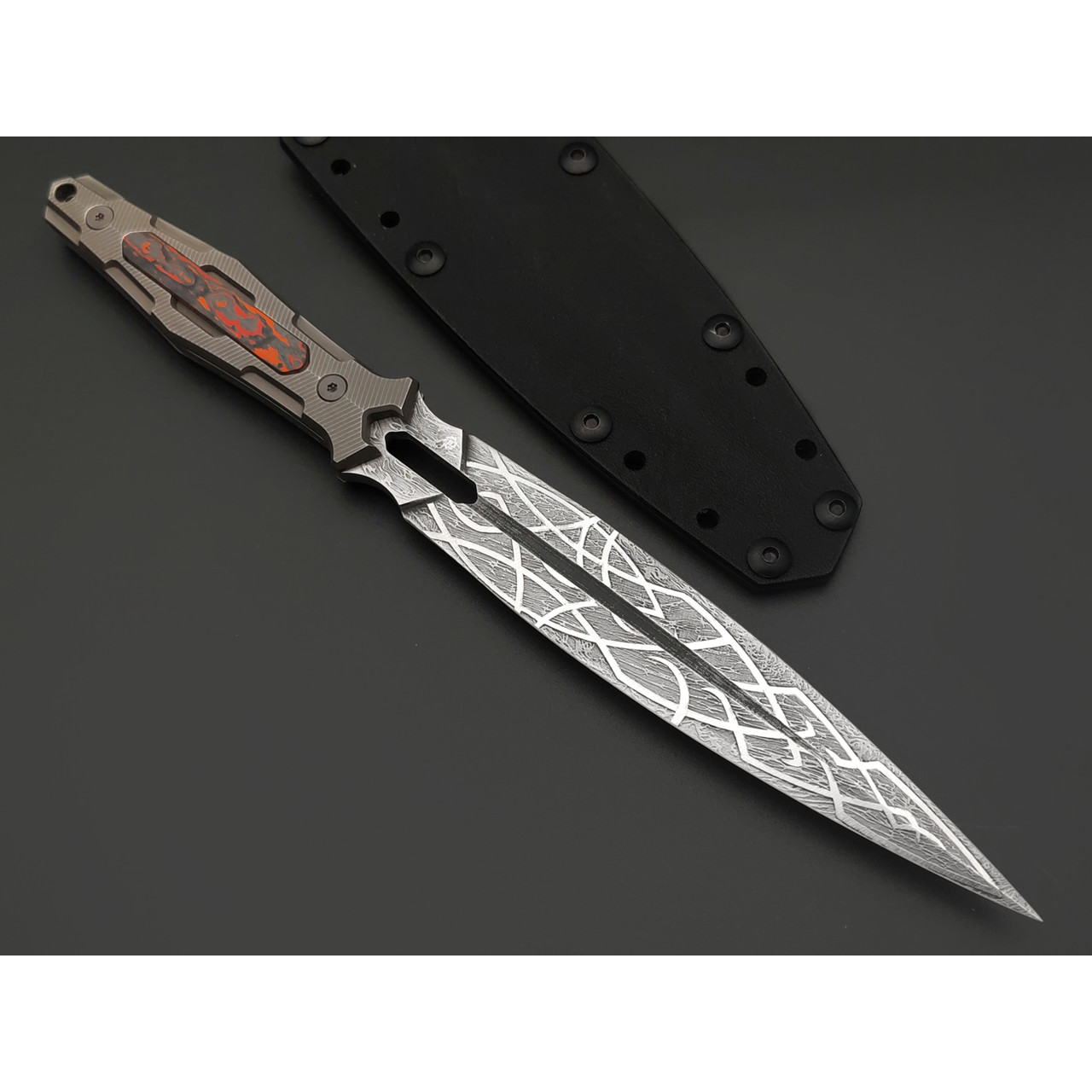 Neyris Knives нож ТаоРан Б сталь CPM 3V худ. травление, рукоять Titanium, carbon fiber chaotic red