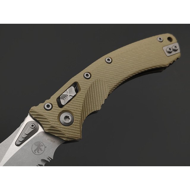 Нож Microtech Amphibian Ram-Lok serrated 137RL-11APFLGTOD сталь M390MK apocalyptic стоунвош, рукоять G10 olive