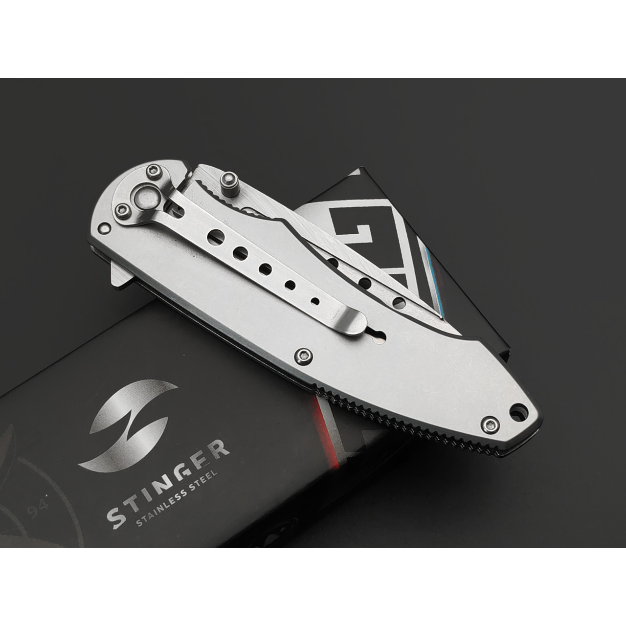 Stinger нож складной SA-438 сталь 420 satin, рукоять Aluminum grey, гравировка