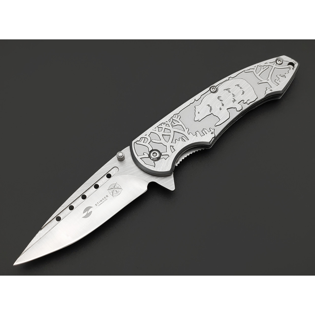 Stinger нож складной SA-438 сталь 420 satin, рукоять Aluminum grey, гравировка