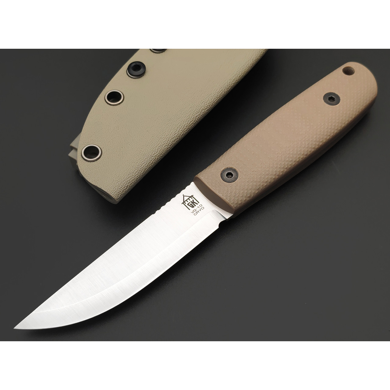 Град Горький нож Техно-Томми сталь VG-10 satin, спуски сканди, рукоять G10 tan