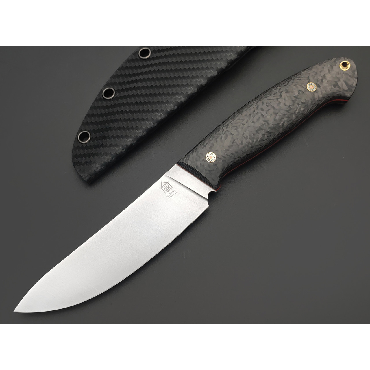 Град Горький нож Охотник сталь Elmax satin, рукоять Carbon fiber, G10 red