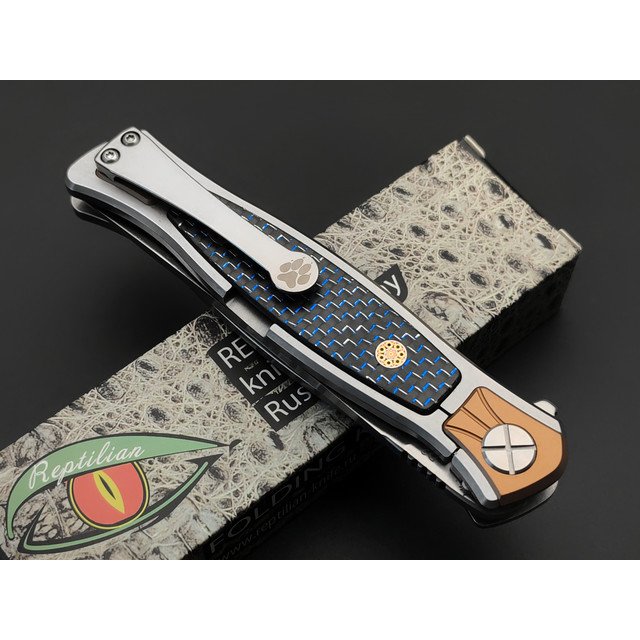 Reptilian складной нож Кот-02 сталь D2 satin, рукоять Carbon fiber blue, steel