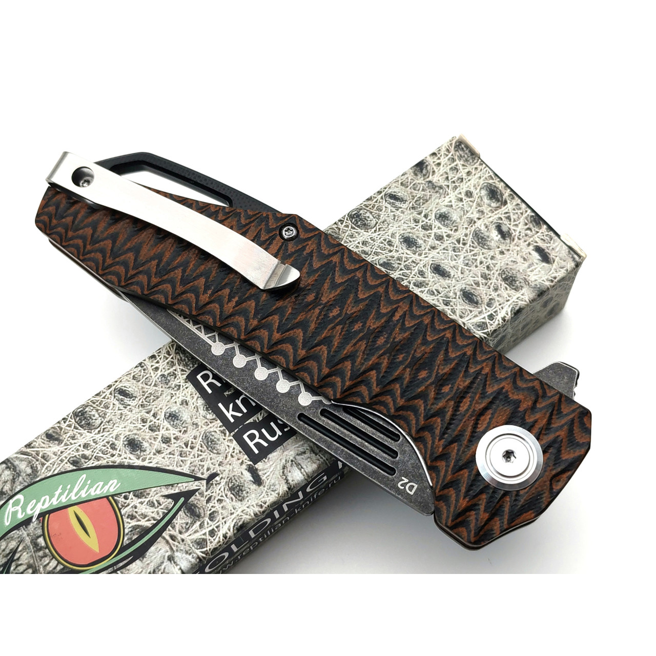 Reptilian складной нож Скутум-04 сталь D2 satin & блэквош, рукоять G10 black & orange