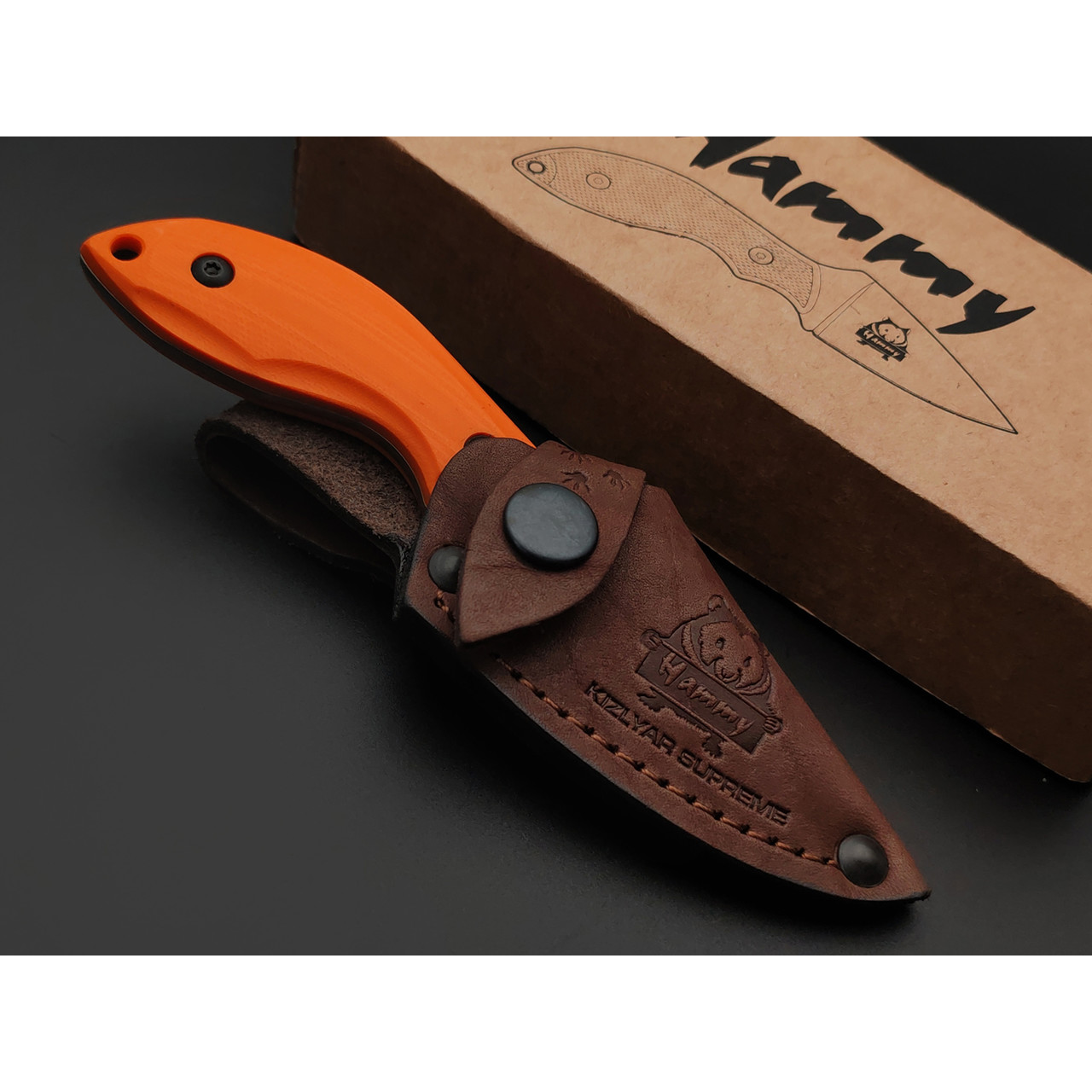 Kizlyar Supreme туристический нож Hammy сталь Niolox стоунвош, рукоять G10 orange, ножны Кожа