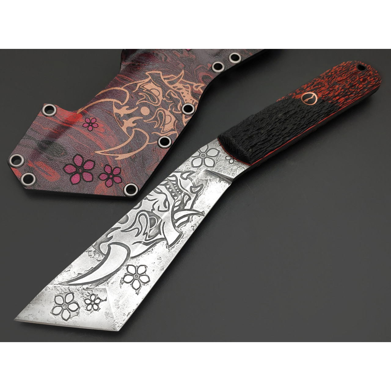 Волчий Век нож НДК Custom Oni Edition сталь N690 WA худ. травление, рукоять G10 black & red