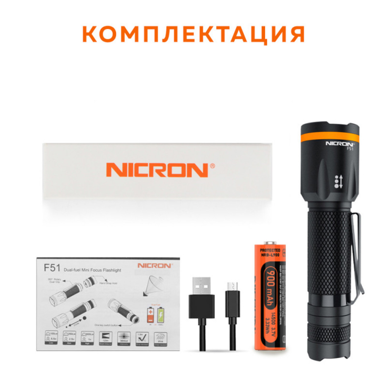 NICRON светодиодный фонарь с Zoom F51 600LM IPX4