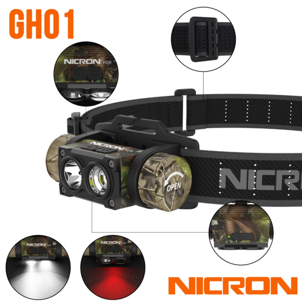 NICRON cветодиодный двухлучевой налобный фонарь GH01 Camo 1600LM IP65