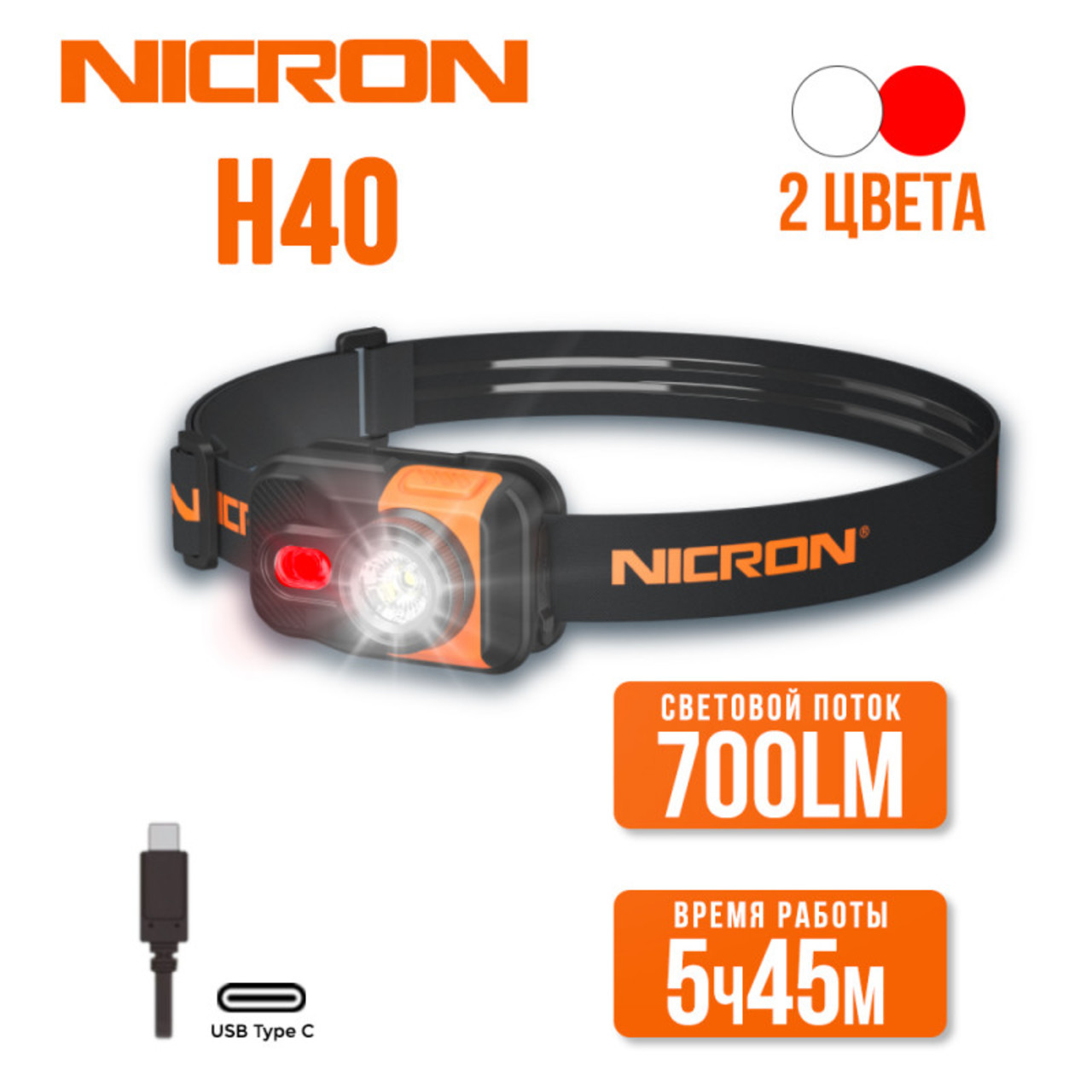NICRON светодиодный налобный двухлучевой фонарик H40 700LM IPX4