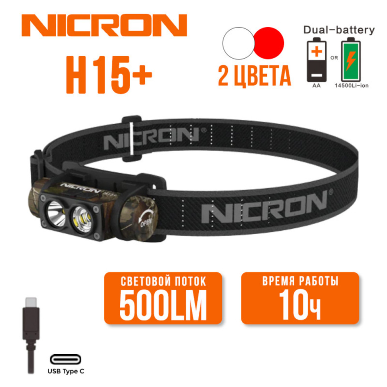NICRON светодиодный налобный двухлучевой фонарик H15Plus 500LM IP67