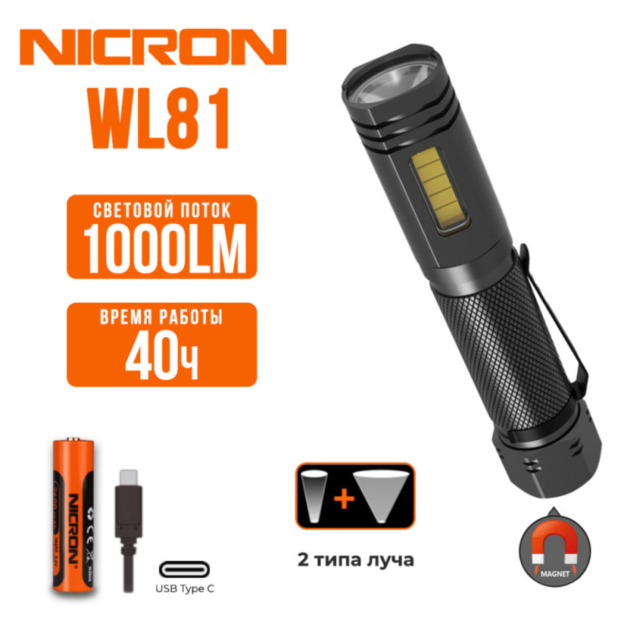 NICRON светодиодный универсальный фонарь WL81 1000LM IP65