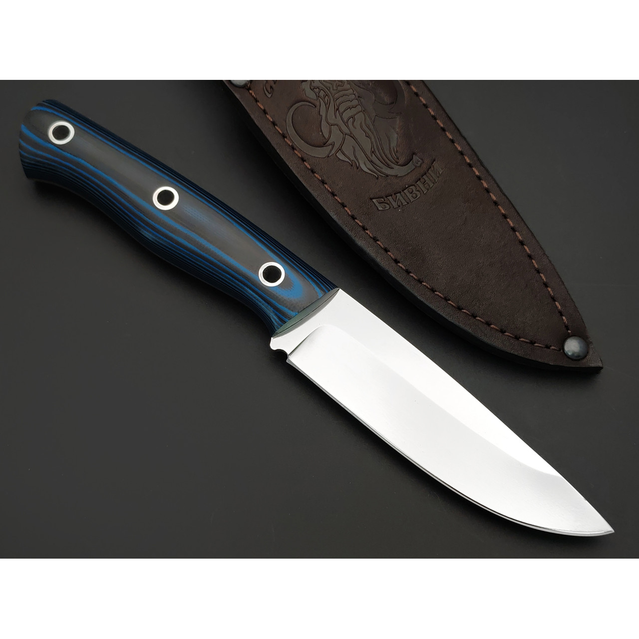 Стальные Бивни нож Сканди ЦМ сталь K110, рукоять G10 black & blue, отверстия
