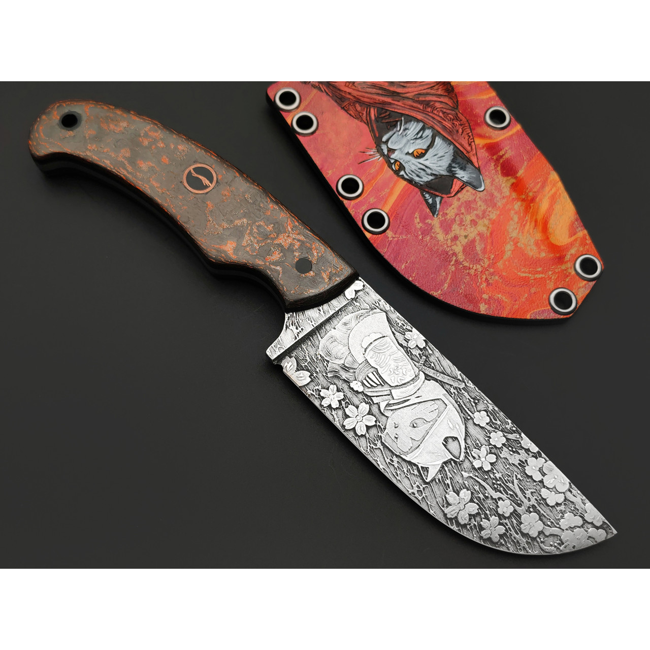 Волчий Век нож Шихан Custom "Котики-самураи" сталь N690 WA худ. травление, рукоять Carbon fiber red & silver, G10 black