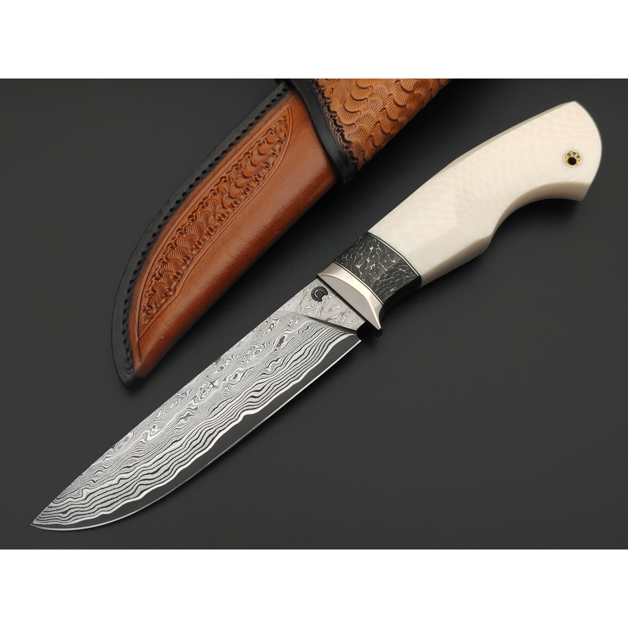 Кузница Васильева нож НЛВ179 ламинат CPM Rex 121, рукоять Элфорин, carbon fiber chaotic silver, мельхиор