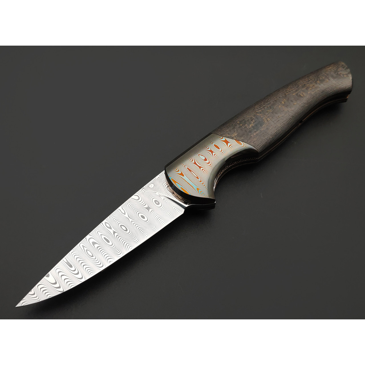 Заур Мамишев нож складной М-03 сталь ДамаКС-Супер Elmax, рукоять Carbon fiber gold, дамаск Decorum, титан