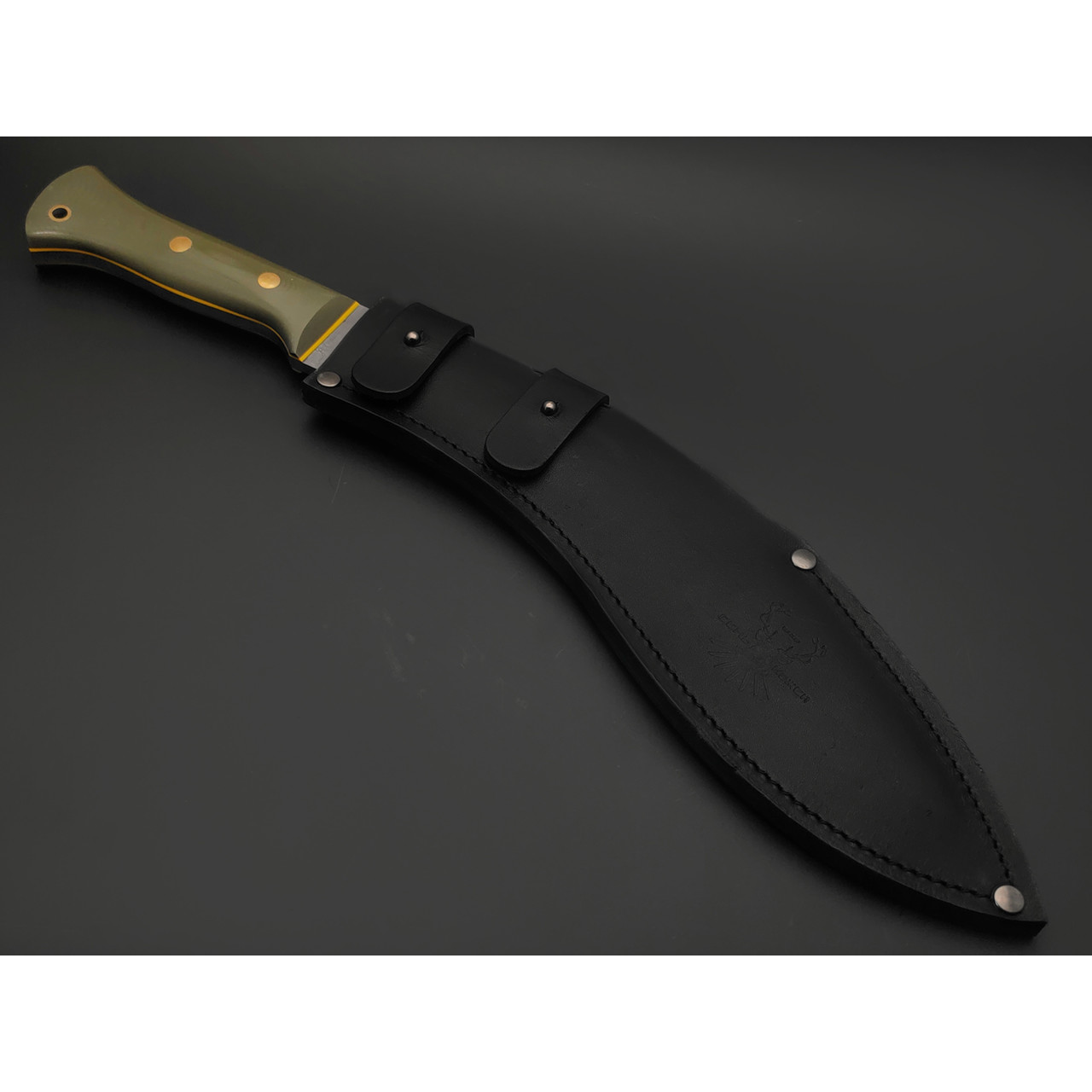 7 ножей Кукри НожиMAN сталь 65Г травление, рукоять G10 olive & yellow, латунь