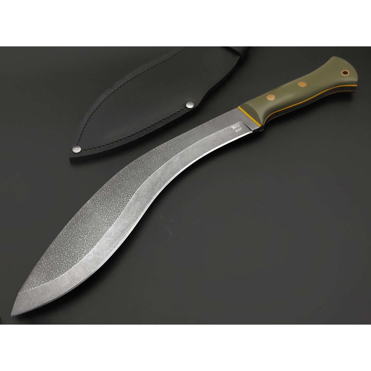 7 ножей Кукри НожиMAN сталь 65Г травление, рукоять G10 olive & yellow, латунь
