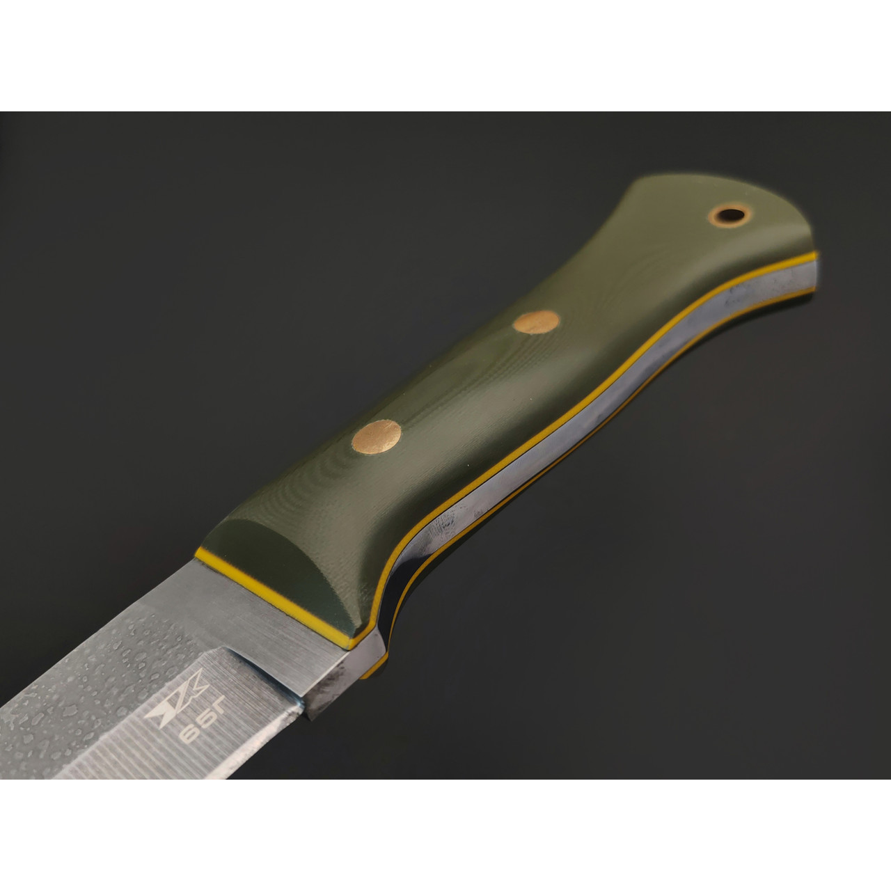 7 ножей Кукри НожиMAN сталь 65Г травление, рукоять G10 olive & yellow, латунь