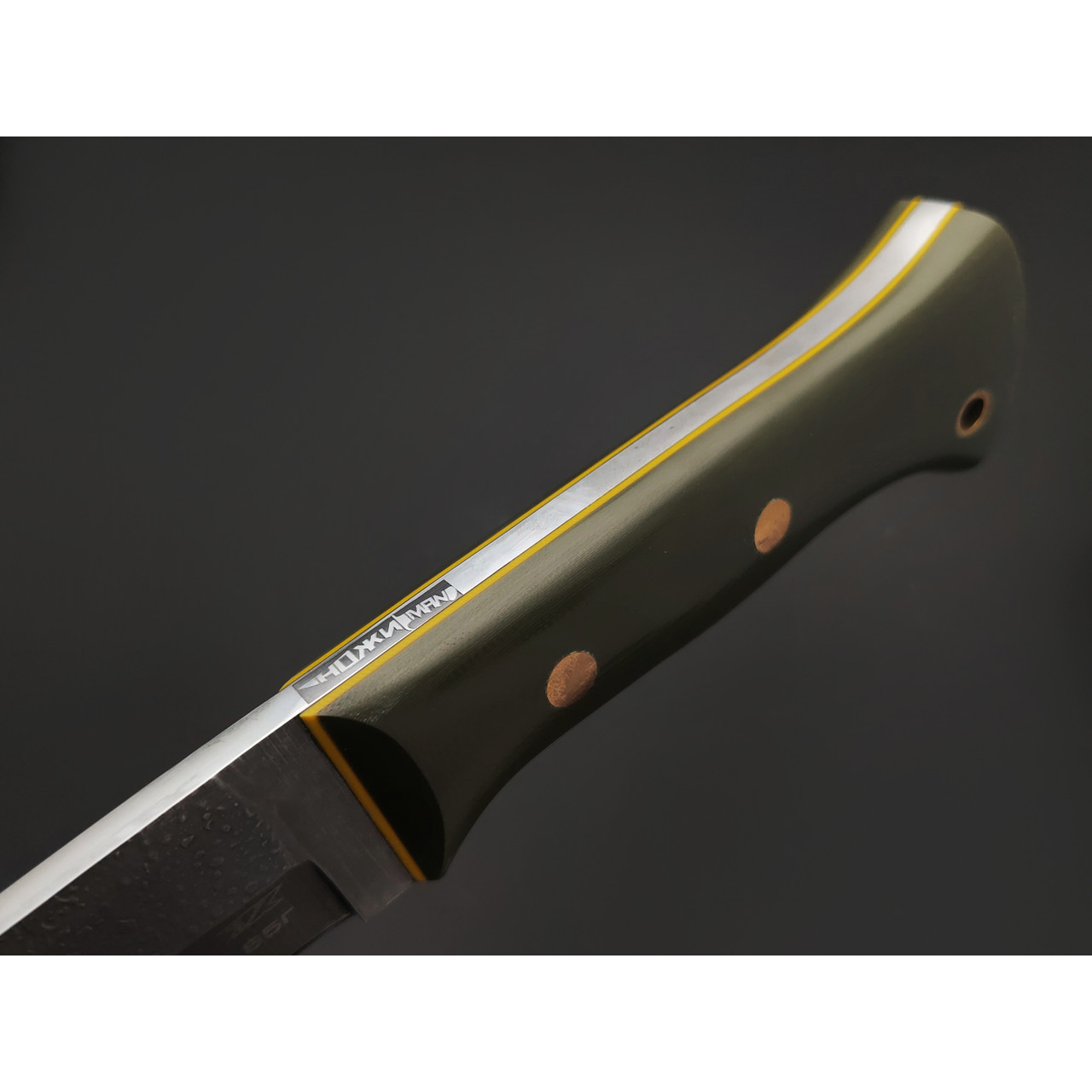 7 ножей Кукри НожиMAN сталь 65Г травление, рукоять G10 olive & yellow, латунь