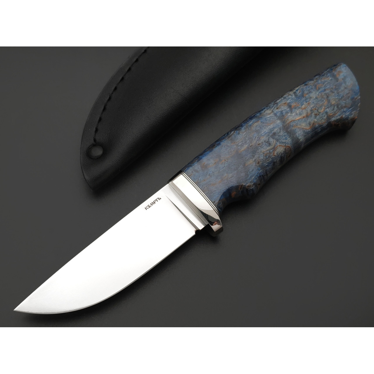 Кметь нож КМ-096 Кроха сталь Elmax bead blast, рукоять стаб. Карельская берёза, мельхиор