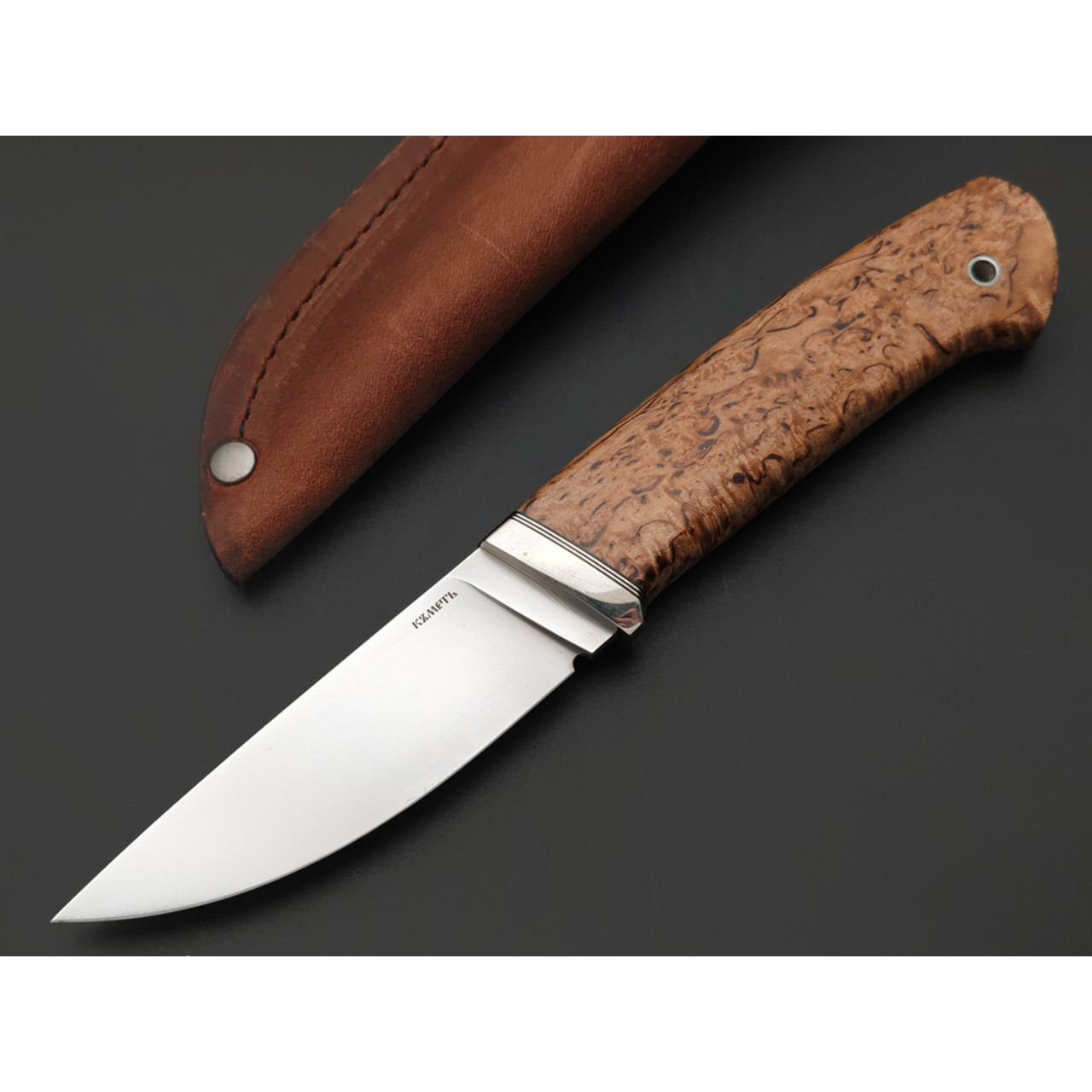 Кметь нож КМ-081 Клык Мини сталь M390 bead blast, рукоять стаб. Карельская берёза, мельхиор
