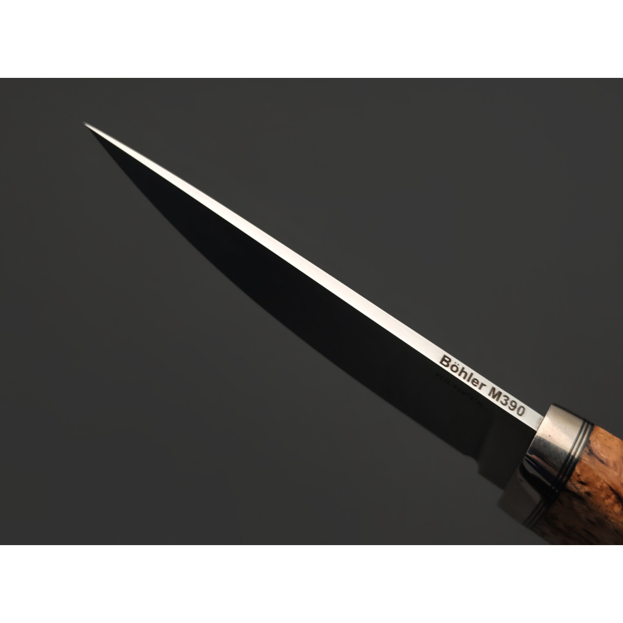 Кметь нож КМ-081 Клык Мини сталь M390 bead blast, рукоять стаб. Карельская берёза, мельхиор