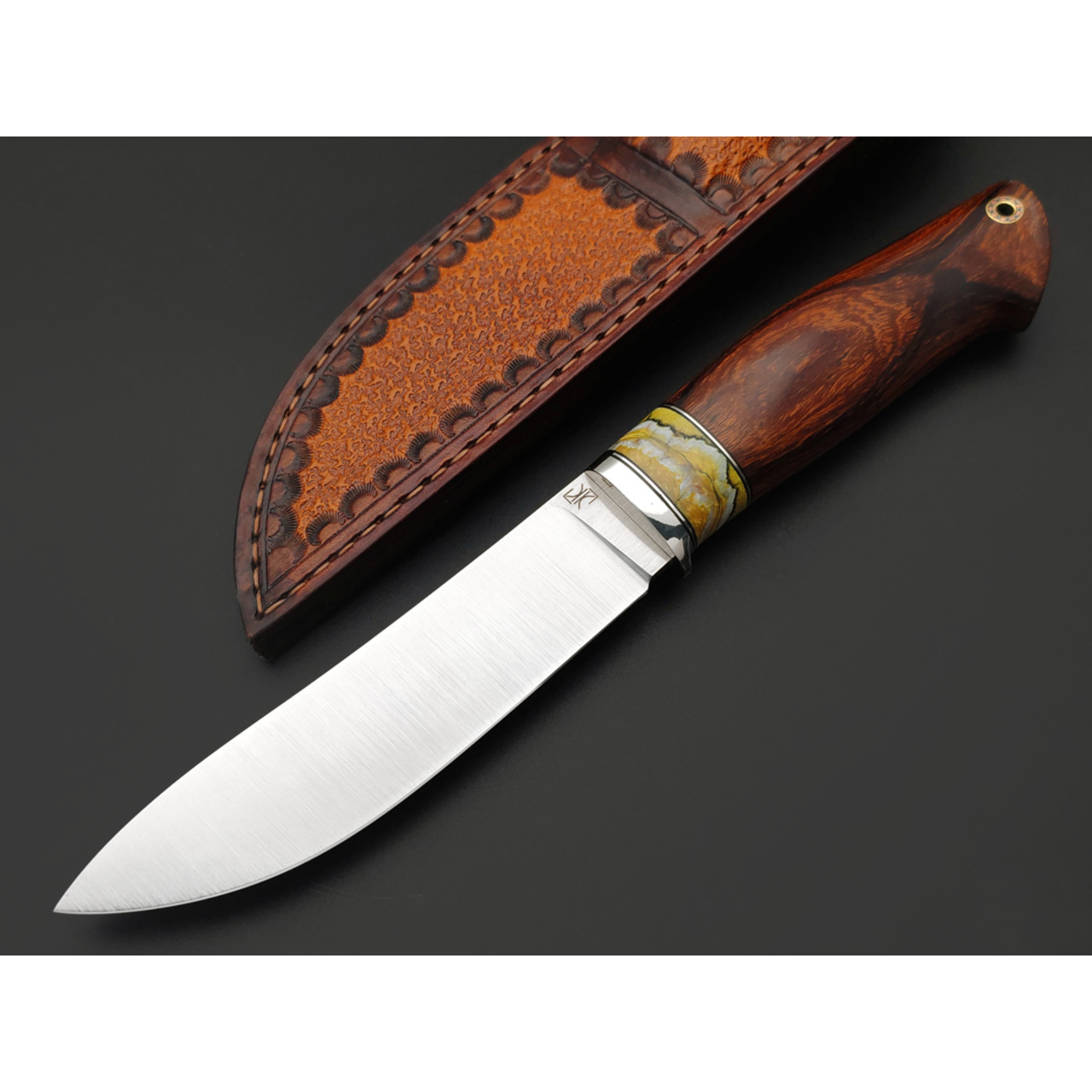 Кузница Ковчег нож Таёжный сталь M398 satin, рукоять Айронвуд, стаб. зуб мамонта, мельхиор, мозаичный пин