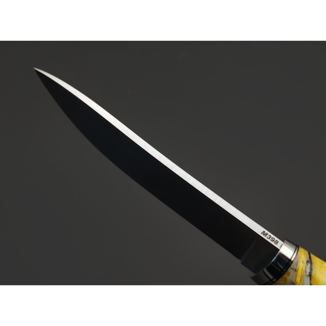 Кузница Ковчег нож Таёжный сталь M398 satin, рукоять Айронвуд, стаб. зуб мамонта, мельхиор, мозаичный пин