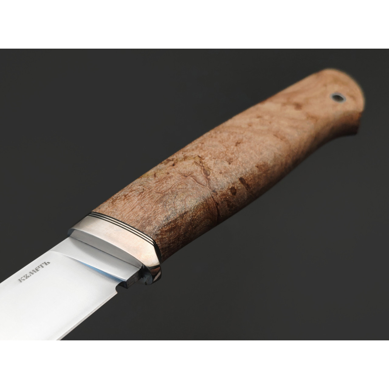 Кметь нож КМ-070 Нырок сталь S390 хром, рукоять стаб. Кап клёна, мельхиор