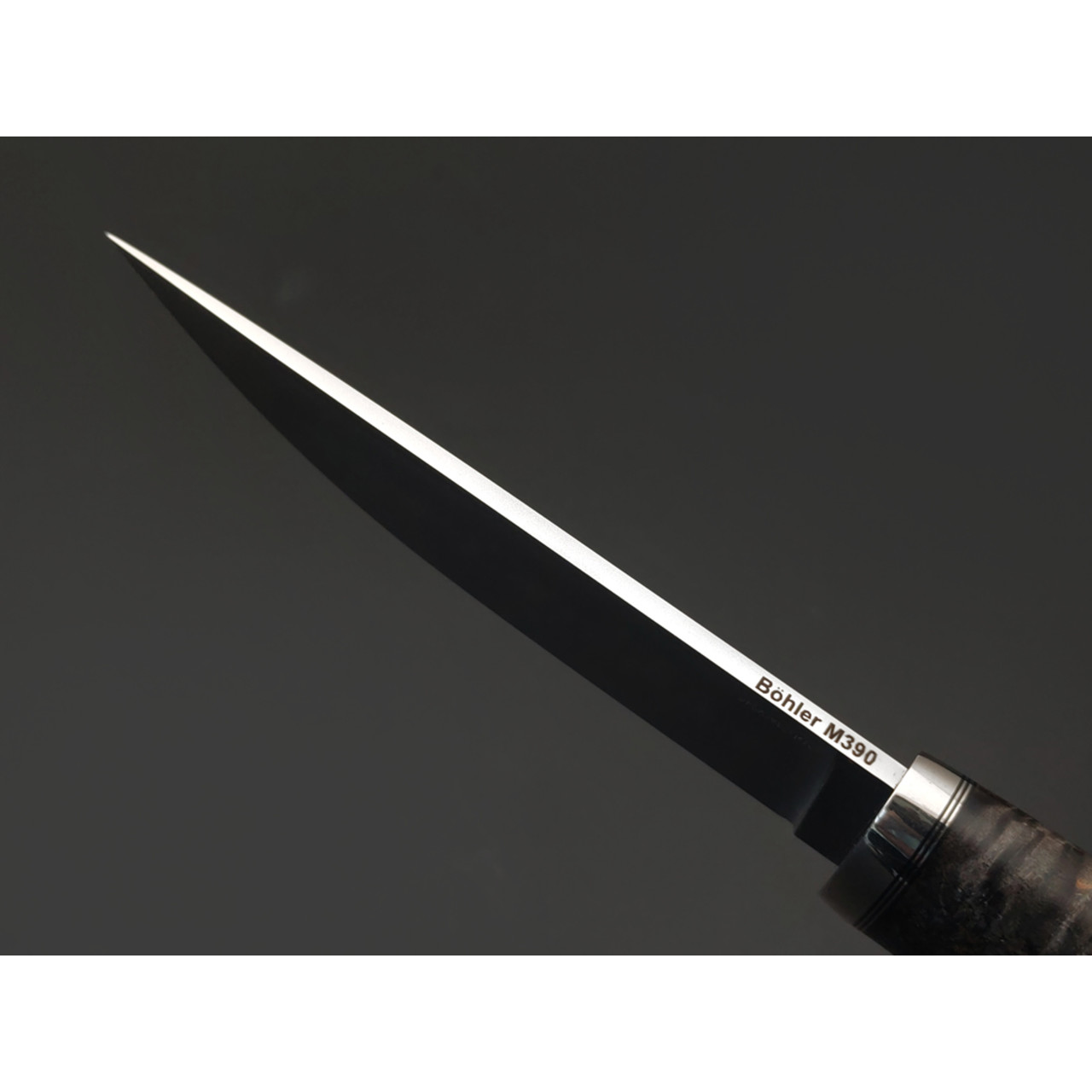 Кметь нож КМ-075 Клык сталь M390 bead blast, рукоять стаб. Карельская берёза, мельхиор