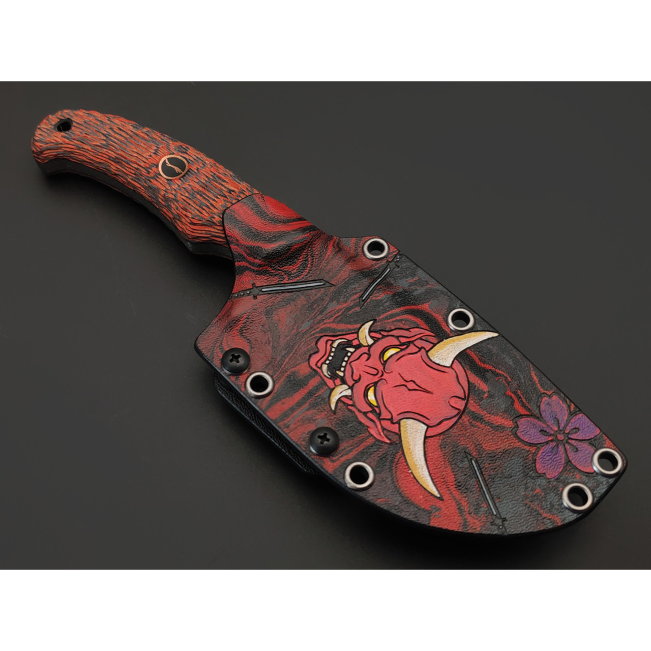 Волчий Век нож Шихан Custom "Oni" сталь 95Х18 WA худ. травление, рукоять G10 black & red, пины карбон